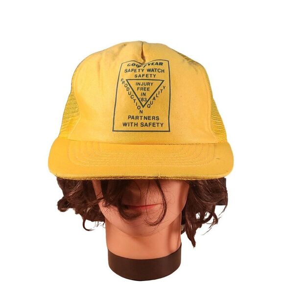 Vintage Goodyear Safety Watch Trucker‎ Snapback Hat Yellow Big Graphic Casual - Picture 1 of 7